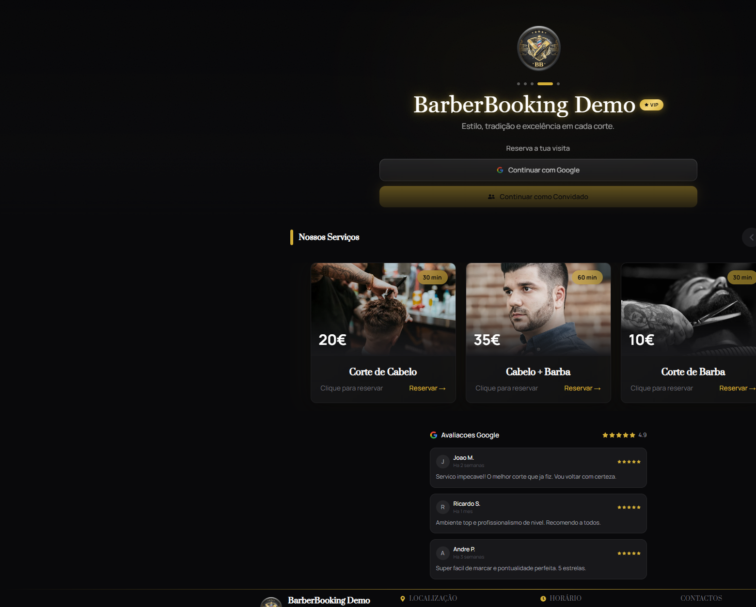 Página de marcação online de um salão de cabeleireiro no BarberBooking